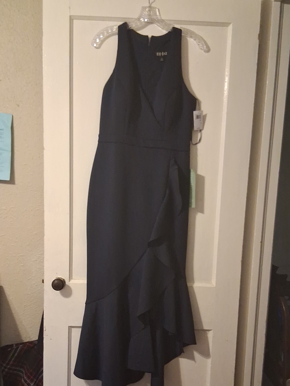 Sleeveless Ruffle-Front Midi Dress in Navy